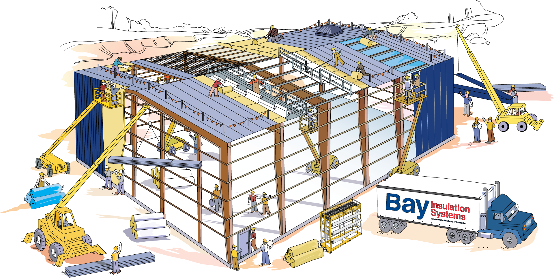 Metal building illustration showing the various insulation systems